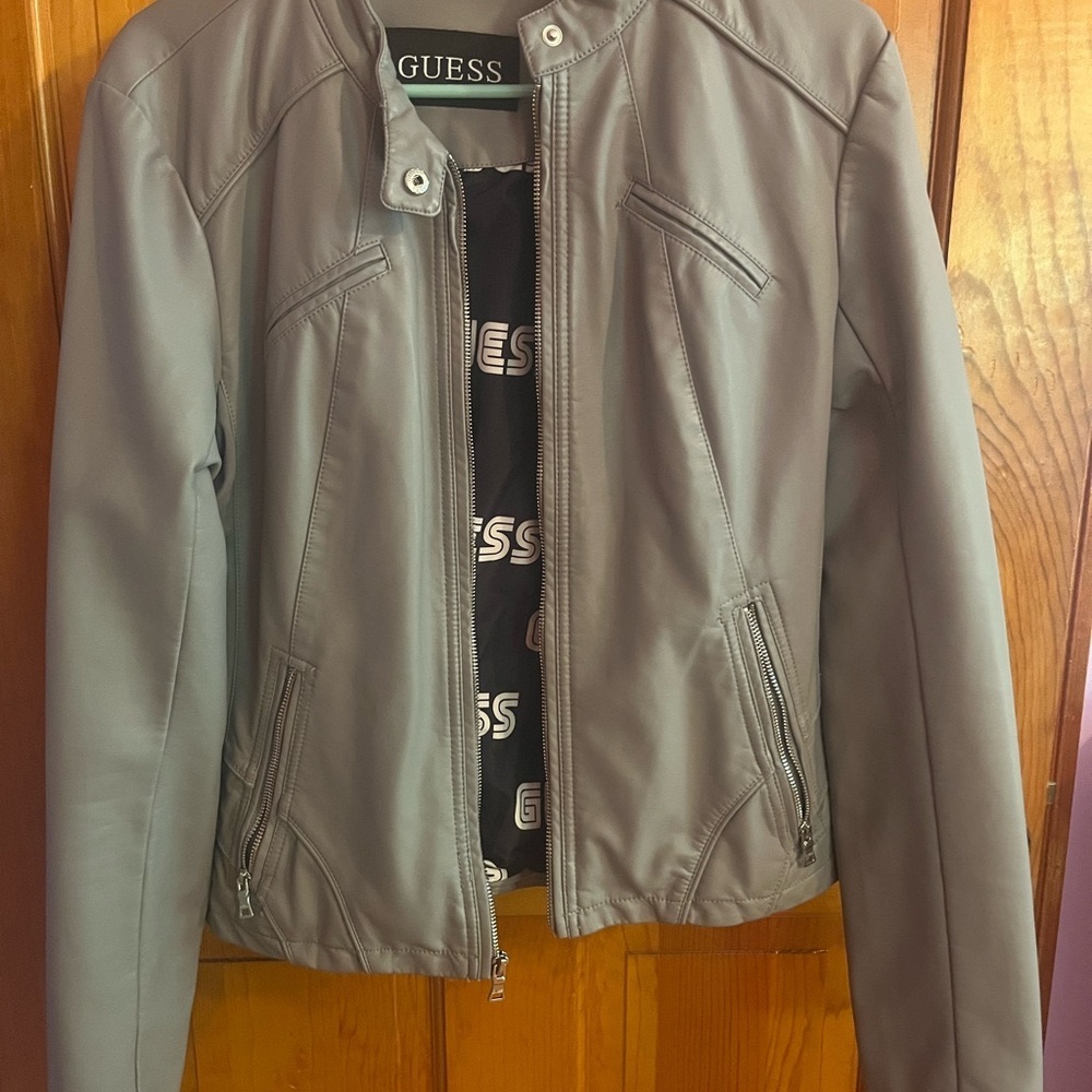 GUESS Women's Gray Faux Leather Jacket